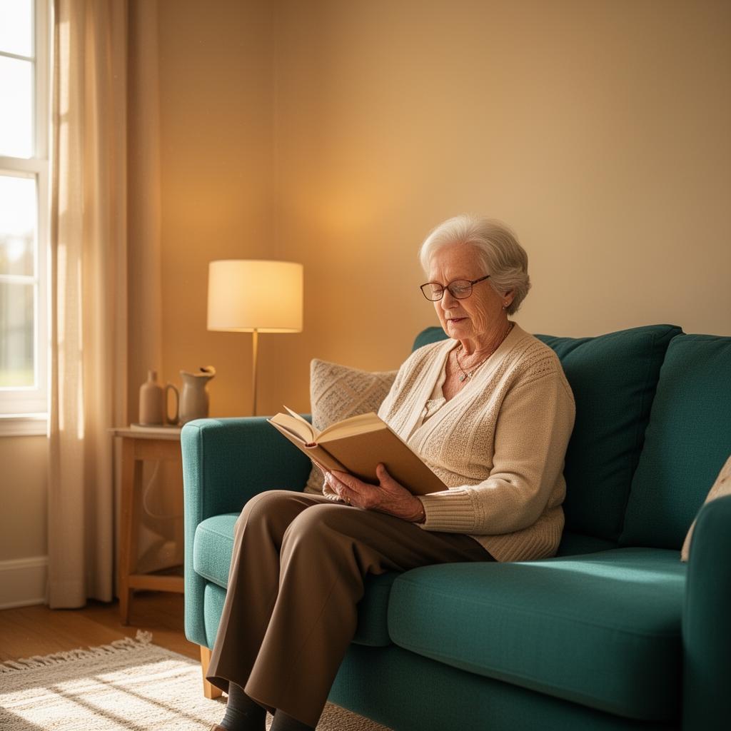 Oudere vrouw leest rustig een boek in een lichte woonkamer met zachte lamp